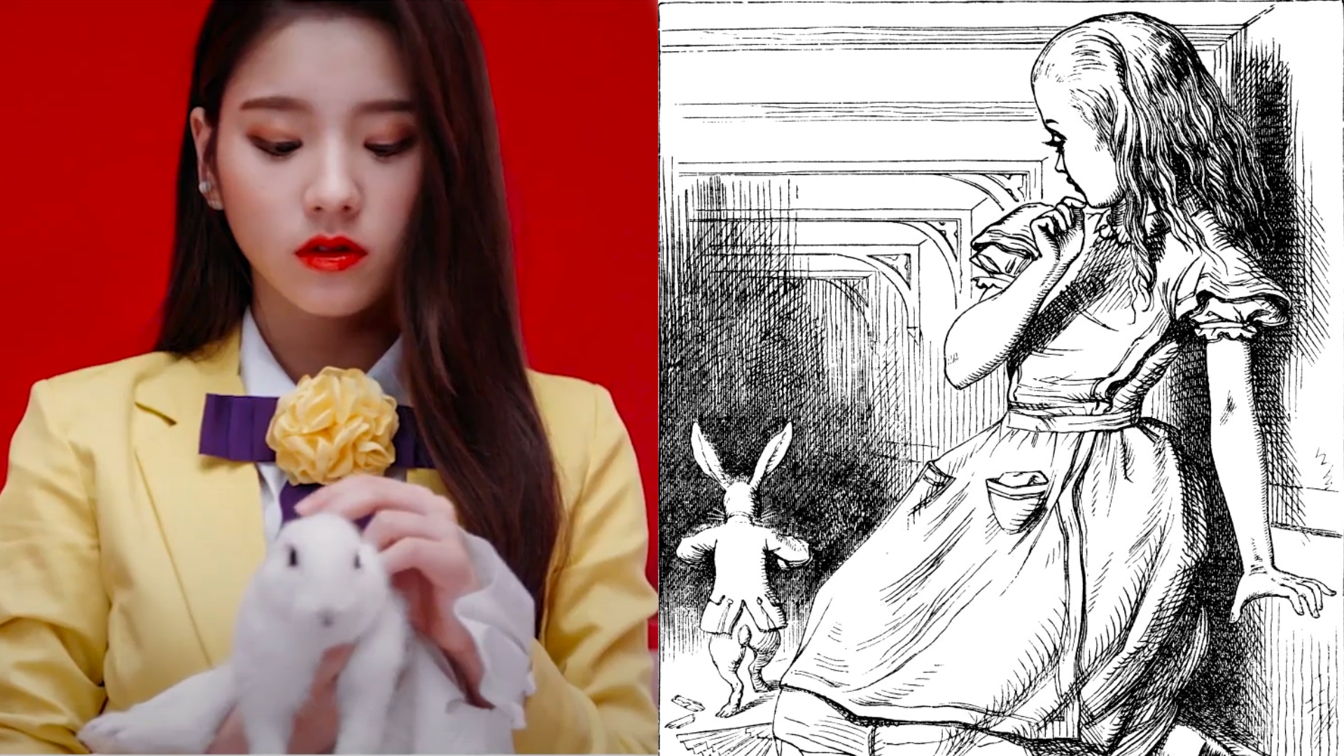 An image comparing Heejin and Alice in Wonderland. On the left is a screenshot of Heejin wearing her yellow outfit and looking down at a white rabbit that she's holding. On the right is a black and white illustration of Alice watching the White Rabbit leave.