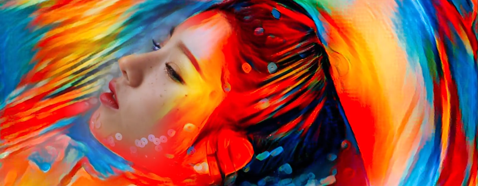 A screenshot of Heejin's head. She is facing the left, her eyes partially closed, almost like she's falling asleep. She has sequins in her hair. The painting effect has almost entirely taken over the image.