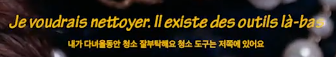 A cropped screenshot of captions. On top is yellow text written in French, which reads 'Je voudrais nettoyer. Il existe des outils là-bas.' Underneath it is the Korean translation, also in yellow but slightly smaller.