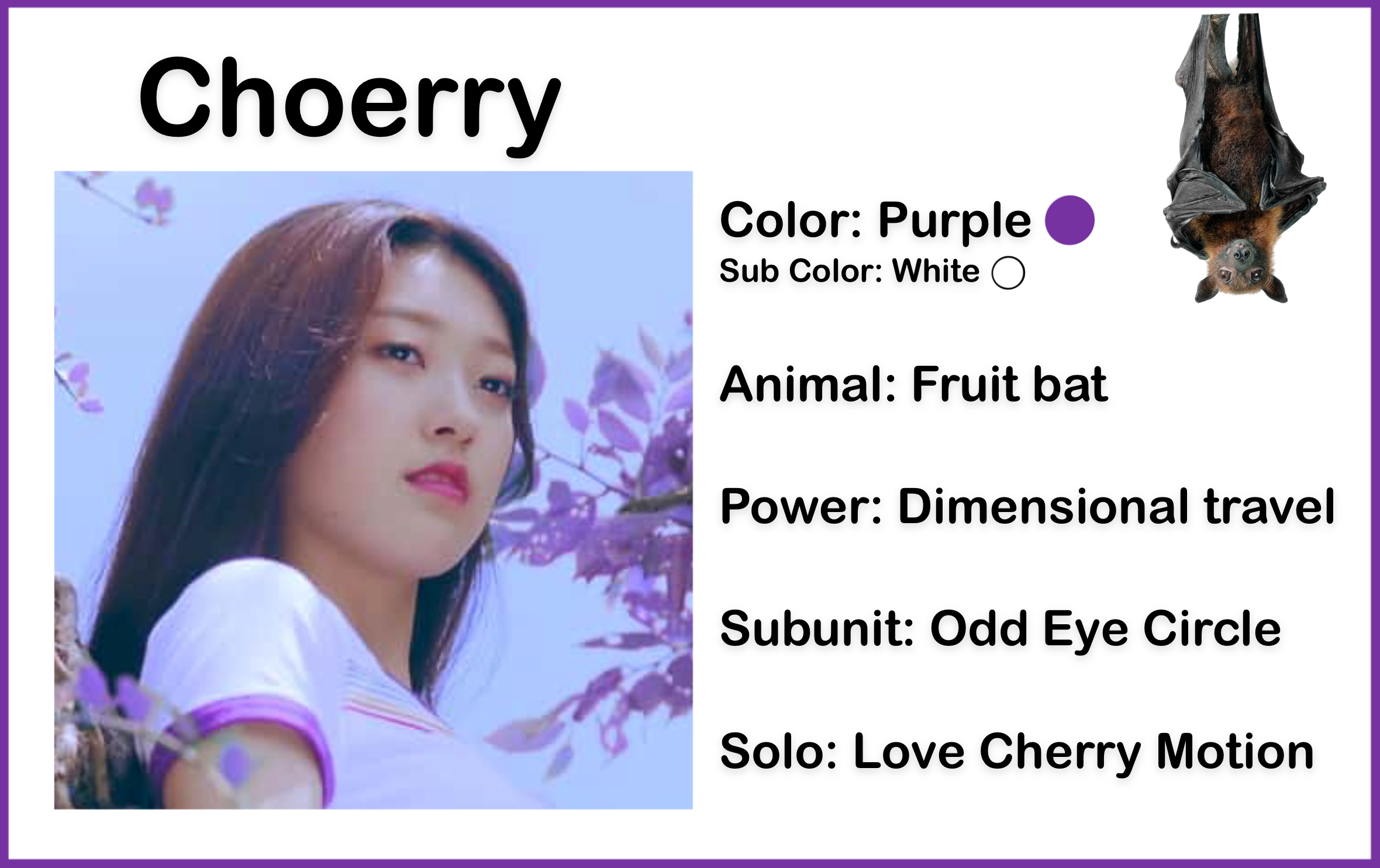 A picture of Choerry wearing a white shirt with rainbow stripes, surrounded by purple tree leaves, from the Love Cherry Motion music video. She has long dark brown hair. The background is bright blue sky. There is text above the picture which reads 'Choerry' There is text beside the picture which reads 'Color: Purple; Sub color: White; Animal: Fruit bat; Power: Dimensional travel; Subunit: Odd Eye Circle; Solo: Love Cherry Motion.' There is also a purple colored circle, and a photo of a fruit bat hanging upside down.