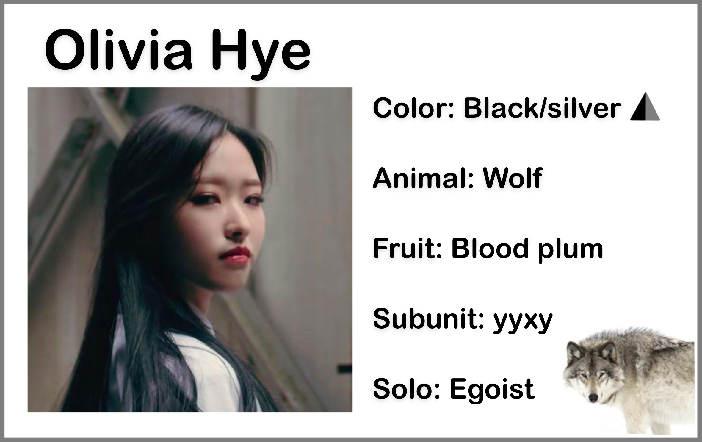 A picture of Olivia Hye wearing a white shirt and looking over her shoulder from the Egoist music video. She has long black hair. The background is an industrial looking wall. There is text above the picture which reads 'Olivia Hye.' There is text beside the picture which reads 'Color: Black/silver; Animal: Wolf; Fruit: Blood plum; Subunit: yyxy; Solo: Egoist.' There is also a triangle which is colored half black and half silver, and a photo of a wolf.