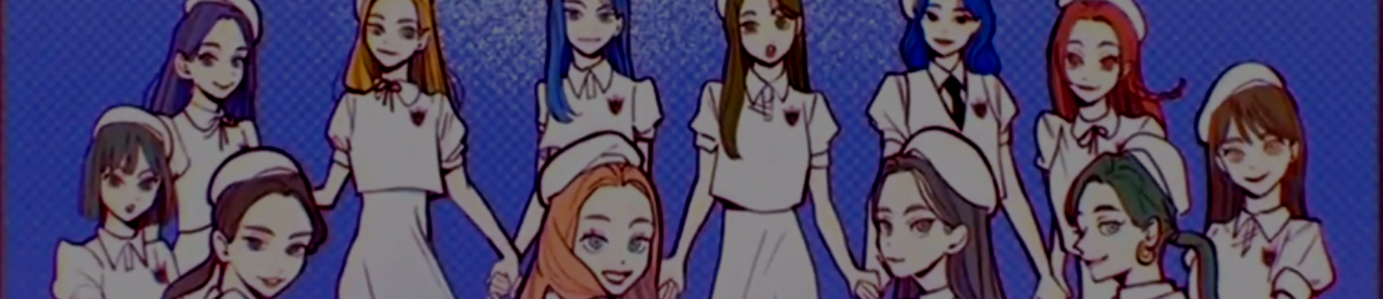 A cropped screenshot from the StarSeed Kakusei music video. Twelve girls meant to represent the members of Loona, drawn in an anime-like art style, are standing in a circle holding each other's hands. They have brightly colored hair and are all wearing white shirts and skirts with white berets. They are all smiling at the viewer. The background is blue.