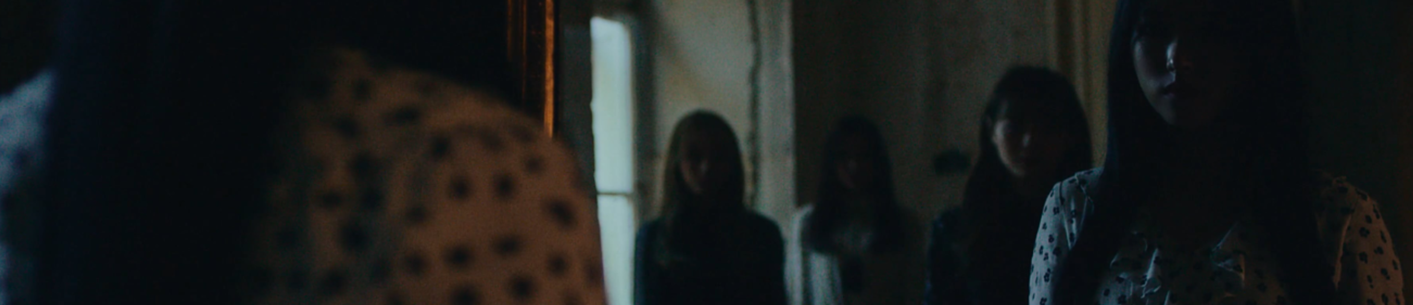 A cropped screenshot from the one video. Olivia Hye is looking at her reflection in a mirror. Behind her in the reflection is Yves, Chuu, and Go Won, blurry and obscured by darkness. Olivia is wearing a white dress with spots, and has long black hair. The background is a dark room with slight light coming in from a window. The entire image is very darkly lit.